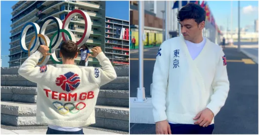 Image for article Tom Daley Shows Off His Finished Tokyo Olympic Knitted Cardigan!