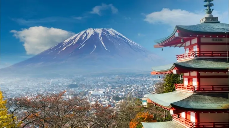 Temple overlooking Mount Fuji in autumn