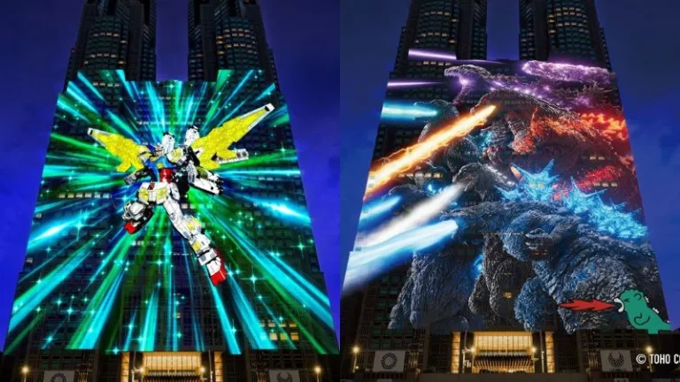 Gundam and Godzilla light shows on Tokyo metropolitan government building
