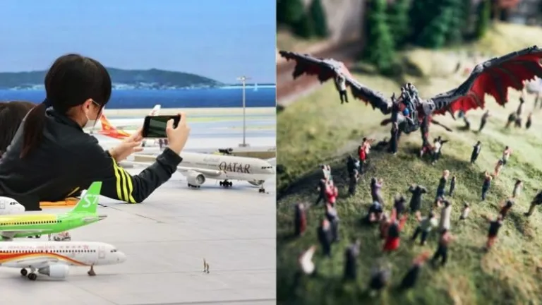 miniature versions of Kansai International Airport and a dragon village in Small Worlds Tokyo