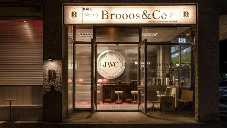 lit up cafe front at night