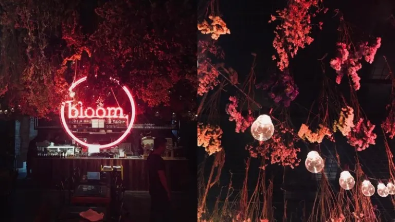 flower themed cafe with bouquets hanging form the ceiling
