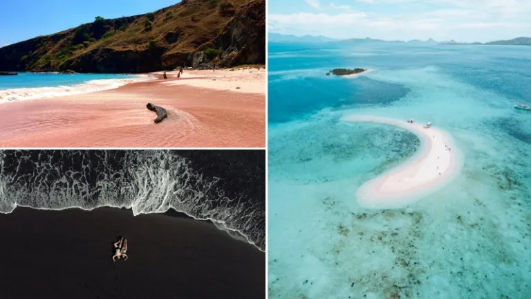 pink beach, black beach and white beach