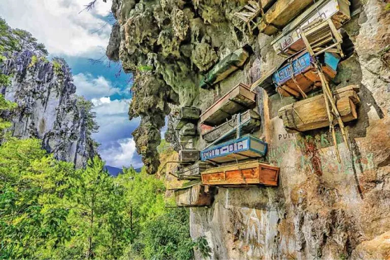 Hanging coffins fixed to a limestone cliff in Sagada, Philippines