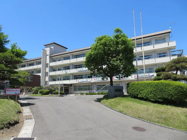 Front view of Iwate Prefectural Karumai High School, the real-life inspiration for Karasuno High School in Haikyu!!, Iwate, Japan