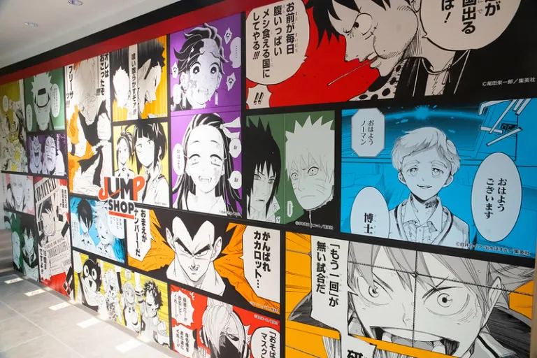 Colourful manga mural featuring popular Shonen Jump characters on the wall of a Jump Shop in Japan 