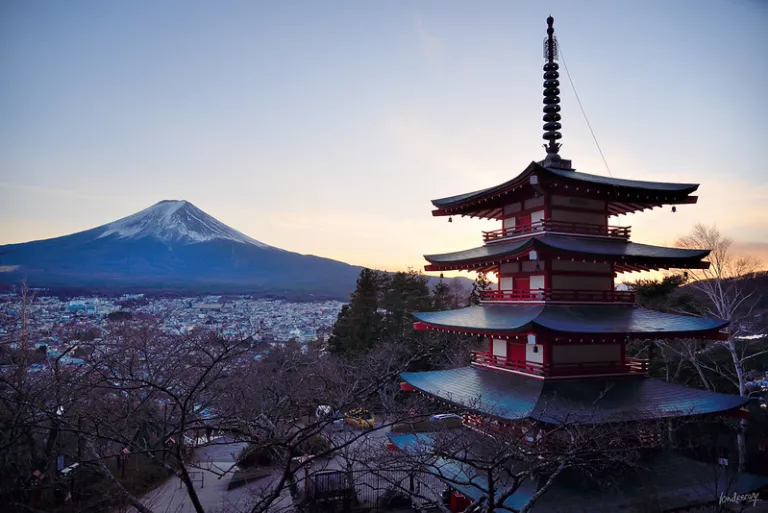 Mount Fuji viewed from Chureito Pagoda in Yamanashi, Japan