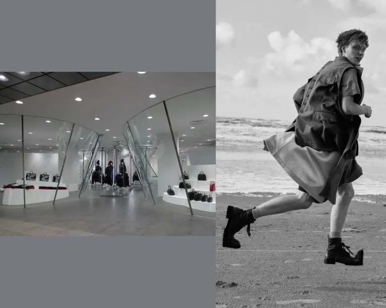 Comme des Gar&ccedil;ons brand visuals showcasing store design and a monochrome fashion editorial on a beach