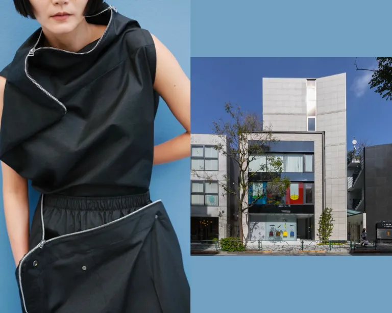 A collage featuring an Issey Miyake garment with unique zipper details and the exterior of the me Issey Miyake boutique in Tokyo