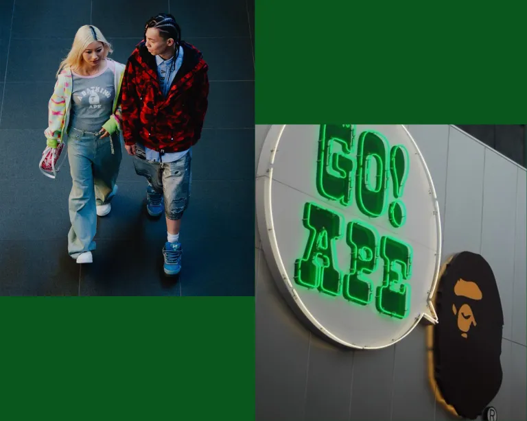 Two people wearing A Bathing Ape streetwear walk together, alongside a close-up of a circular neon sign reading 'GO! APE' with the BAPE ape head logo