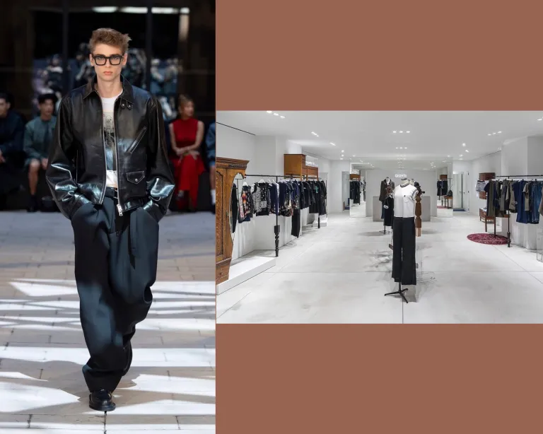 A model walks the Sacai runway in an oversized black leather jacket and wide-leg trousers, alongside an interior shot of a minimalist Sacai store with mannequins and clothing racks