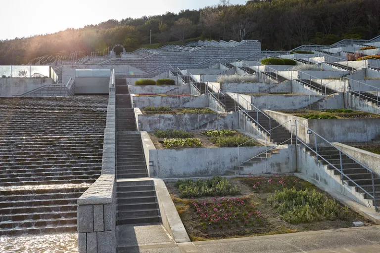 Hyakudan-en at Awaji Yumebutai, featuring Tadao Ando's terraced gardens, concrete staircases, and geometric landscape design.