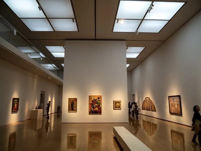 Art gallery inside Hyogo Prefectural Museum of Art, designed by Tadao Ando with spacious exhibition halls and skylights.