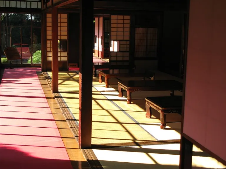 Tatami room inside Yamamoto-Tei in Shibamata, with low tables, sliding doors and sunlight falling across the floor.