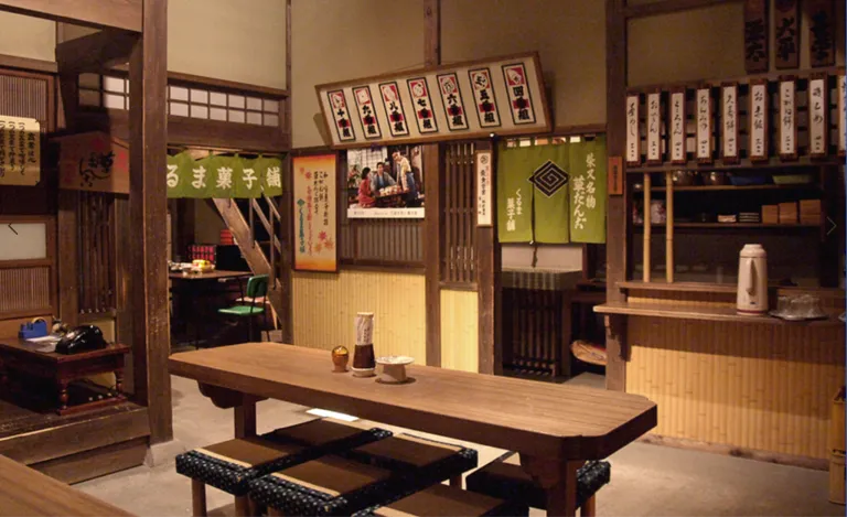 Recreated Kurumaya dango shop set inside the Tora-san Museum, showing a traditional Japanese interior from Otoko wa Tsurai yo.