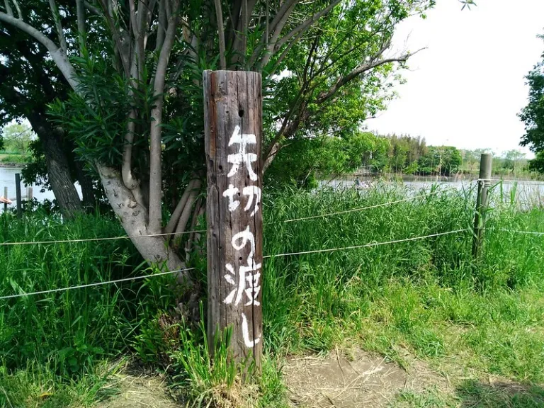 Wooden sign for Yagiri-no-Watashi near the Edo River in Shibamata, surrounded by trees and riverside greenery.
