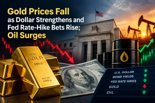 image for article Gold Prices Fall as Dollar Strengthens and Fed Rate-Hike Bets Rise; Oil Surges