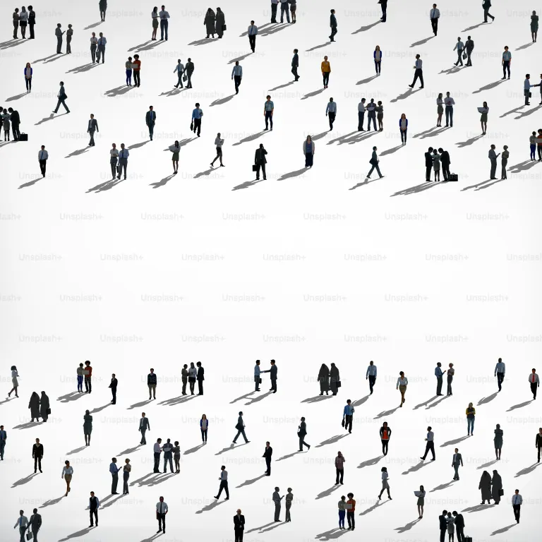 A large group of people walking and standing on a white background