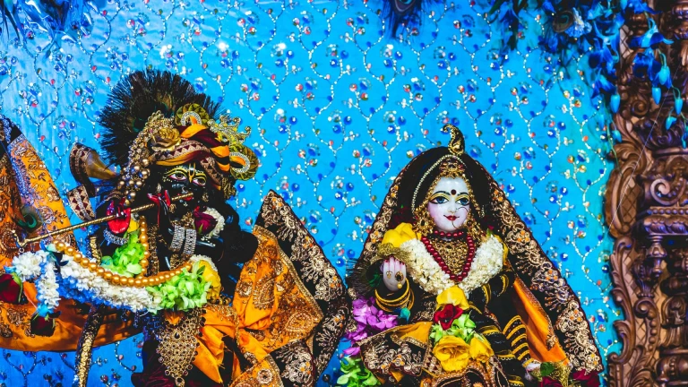 Decorated idol of Krishna and Radha on Janmashtami festival.