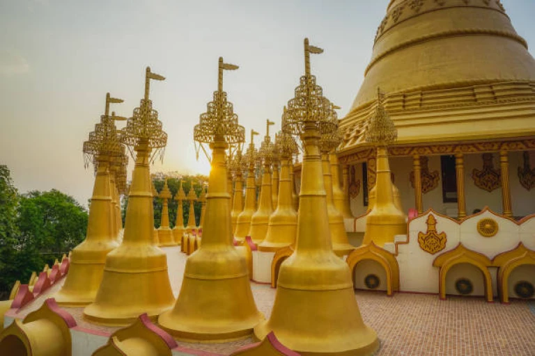 Beautiful golden pagodas in the center of Vipasana practice. Kanpur, India