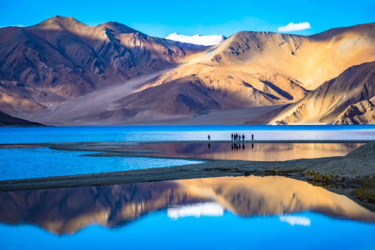 Landscape with reflections of the mountains on the lake named Pangong Tso, situated around Leh, Ladakh, India.