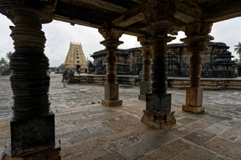 Ornate lathe turned pillars of Chennakeshava Temple Belur District Hassan State Karnataka India