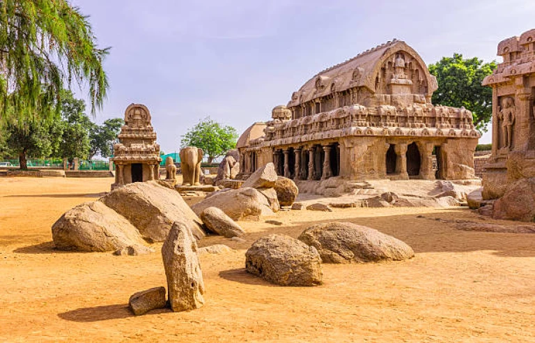 Five Rathas, monolithic stone carving, Mamallapuram, Tamil Nadu, India. 